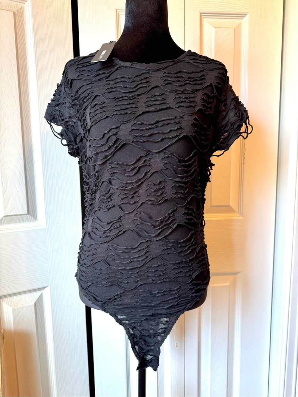 Fashion Nova Black Distressed Short Sleeve Bodysuit